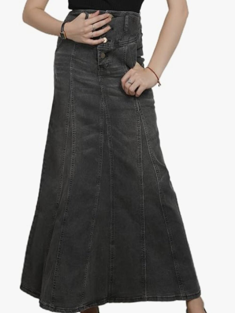 Retro Exposure Button-Fly Packaged Hip A-Line Maxi Long Denim Skirt Dark Grey